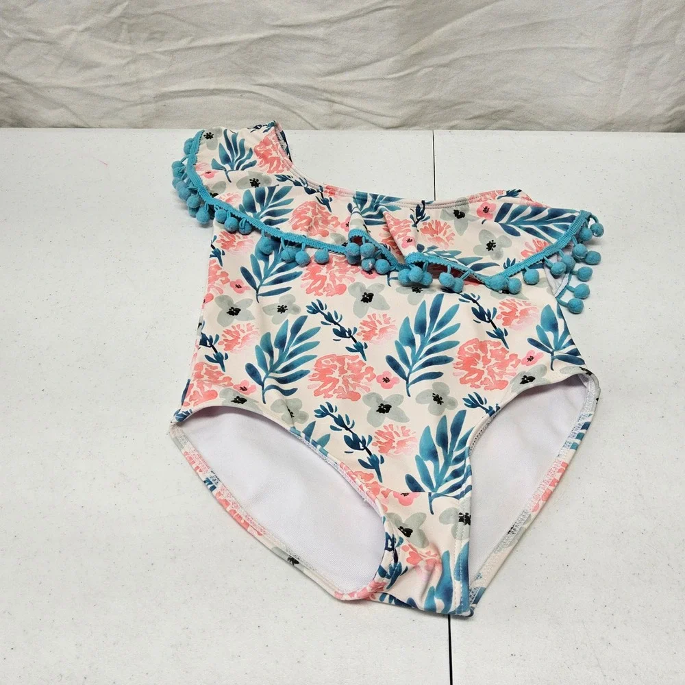 Ruffle Girl One Piece Swimsuit Kids XXL Cream Pink‎ Floral Pom Pom One Shoulder